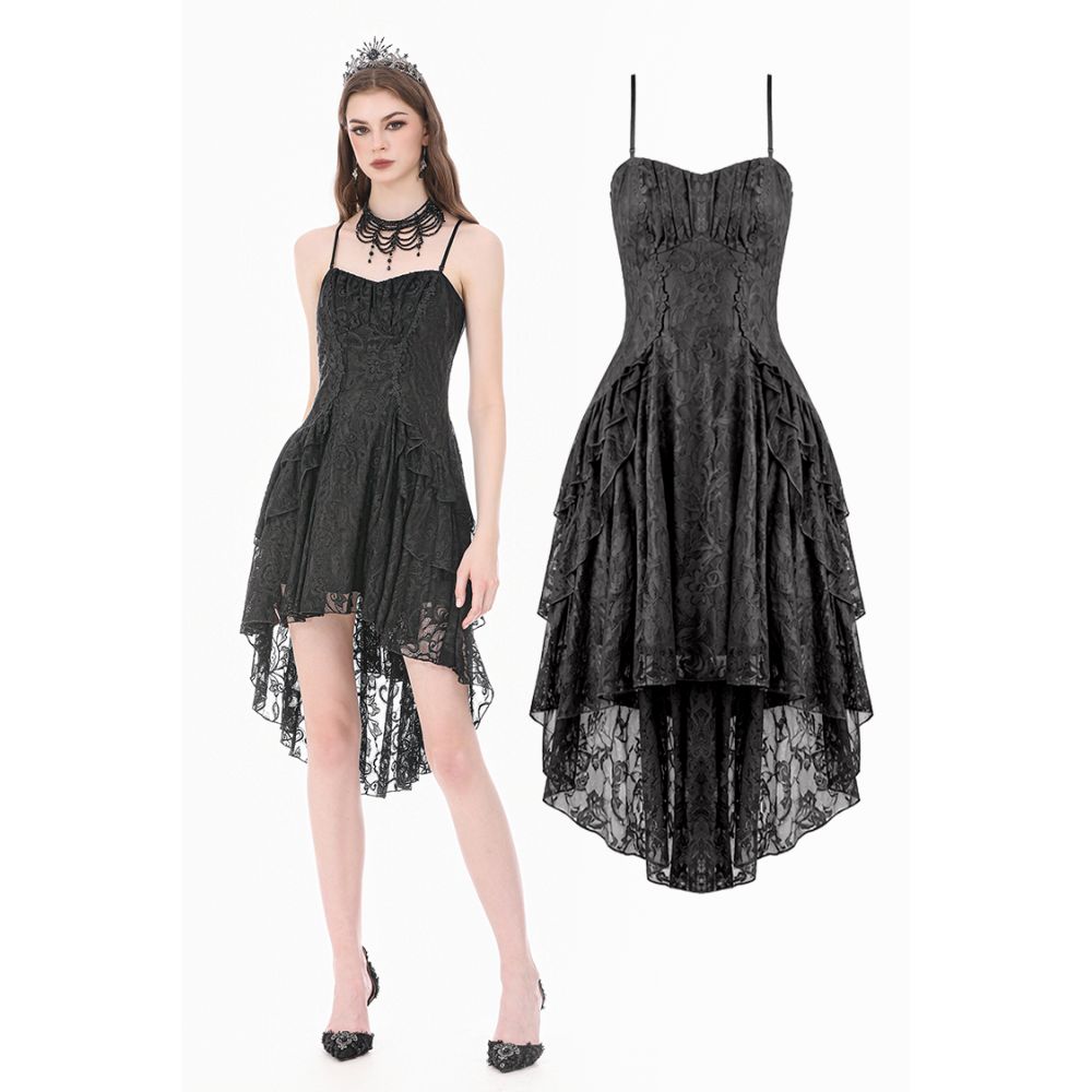 Dark in Love - AllStretch Lace Cami Dress with HighLow Ruffle Tail Hem High low jurk - Zwart
